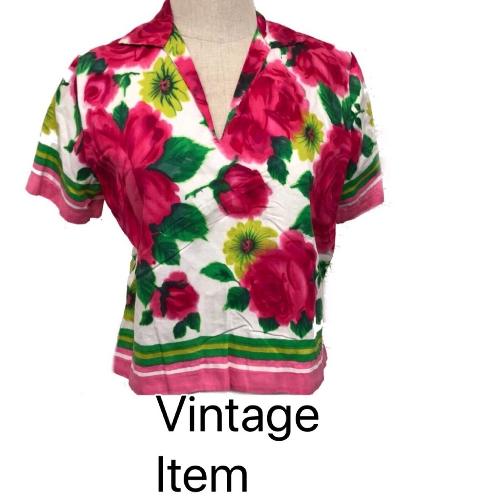 Vintage Floral V-Neck Style Blouse Size Small